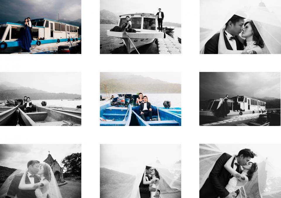 這張照片是一個婚紗照,照片中的新人正在船上舉行婚禮。新郎穿著西裝,新娘穿著白紗,他們互相依偎,顯得非常幸福。