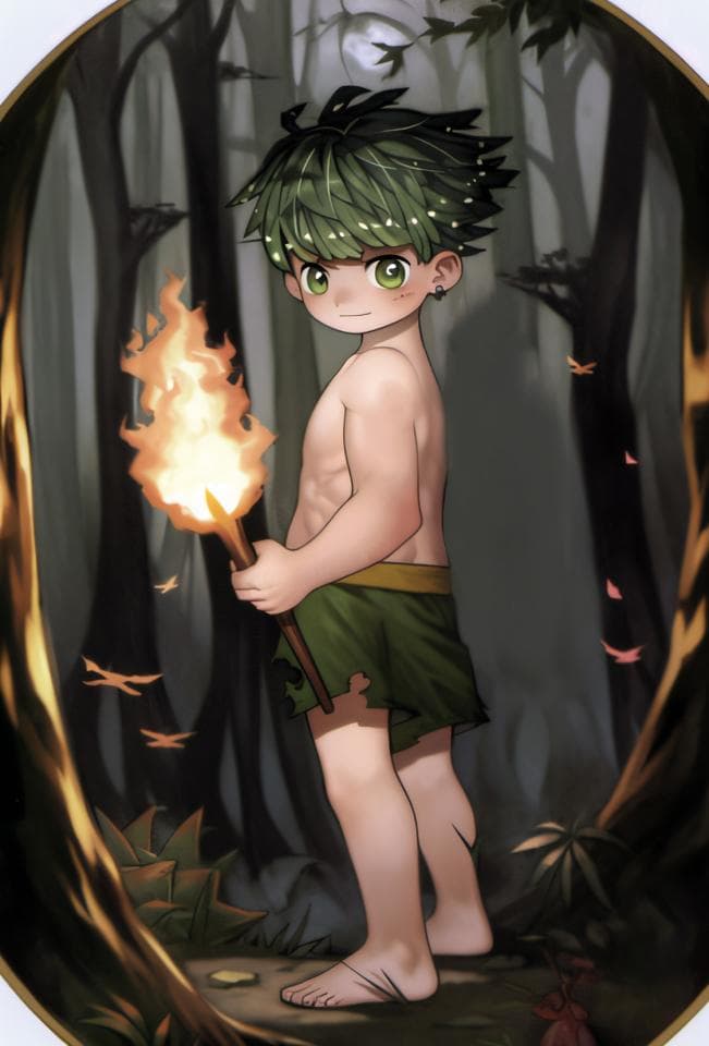 這張照片是一個綠色頭髮的男孩,他拿著一根燃燒著的火把,站在樹林中。